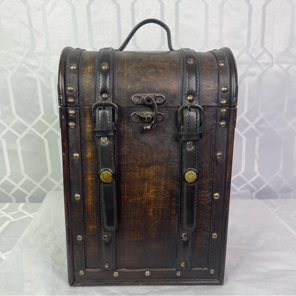 Vintage Style Wooden Wine Carrier Trunk Tooled Leather Straps Large Gift Box